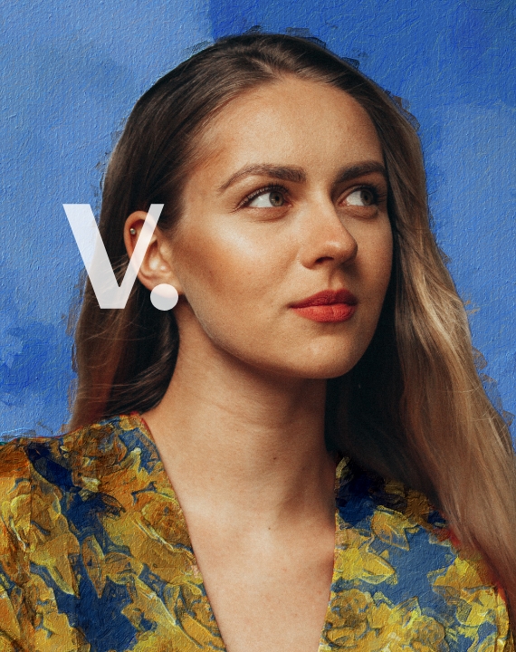 Woman portrait with V. logo