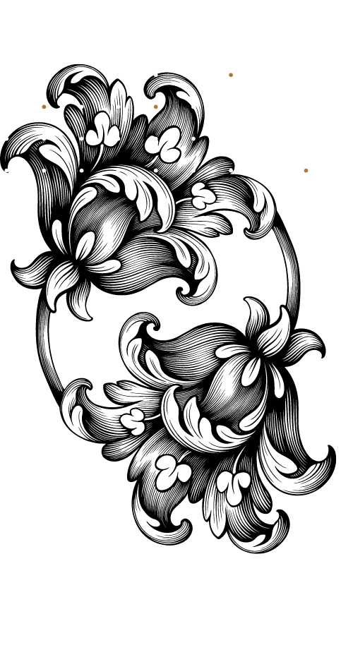 Diagram of evenly spaced white and gold dots forming rows and columns over a floral element.