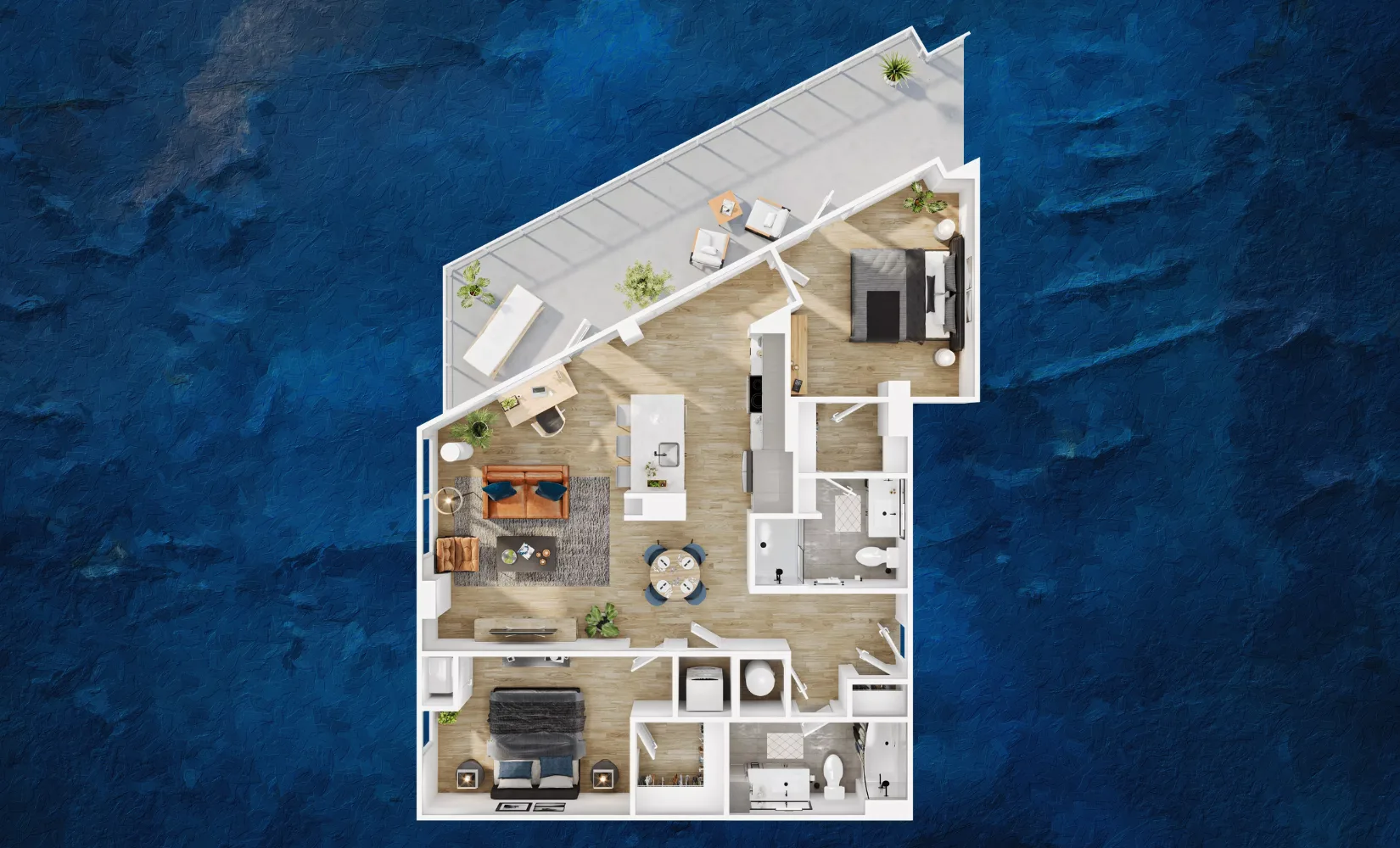 Penthouse floor plan with expansive wraparound terrace and open-concept layout
