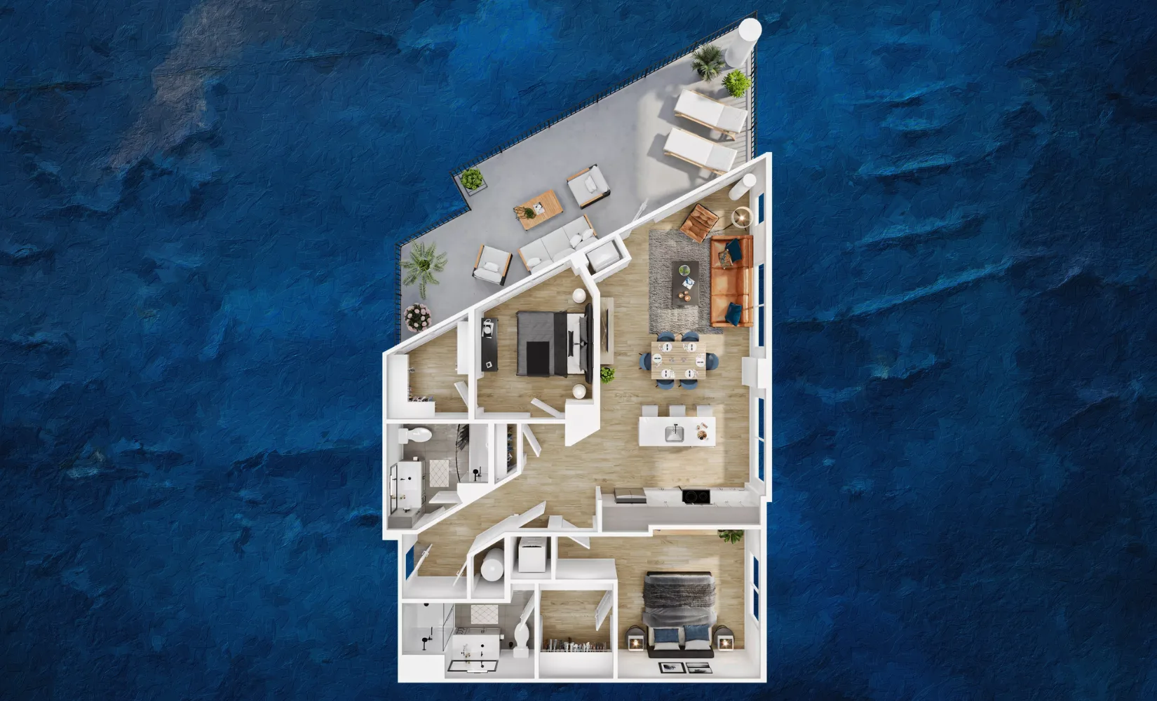 Penthouse floor plan with expansive wraparound terrace and open-concept layout